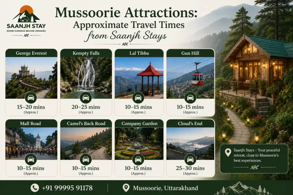 Mussoorie Attractions: Approximate Travel Times from Saanjh Stays