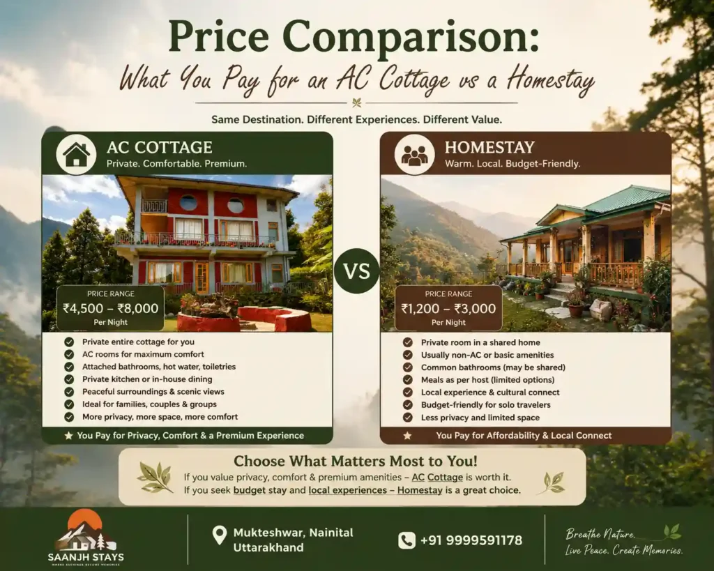 Price Comparison: What You Pay for an AC cottage vs homestay in Mukteshwar